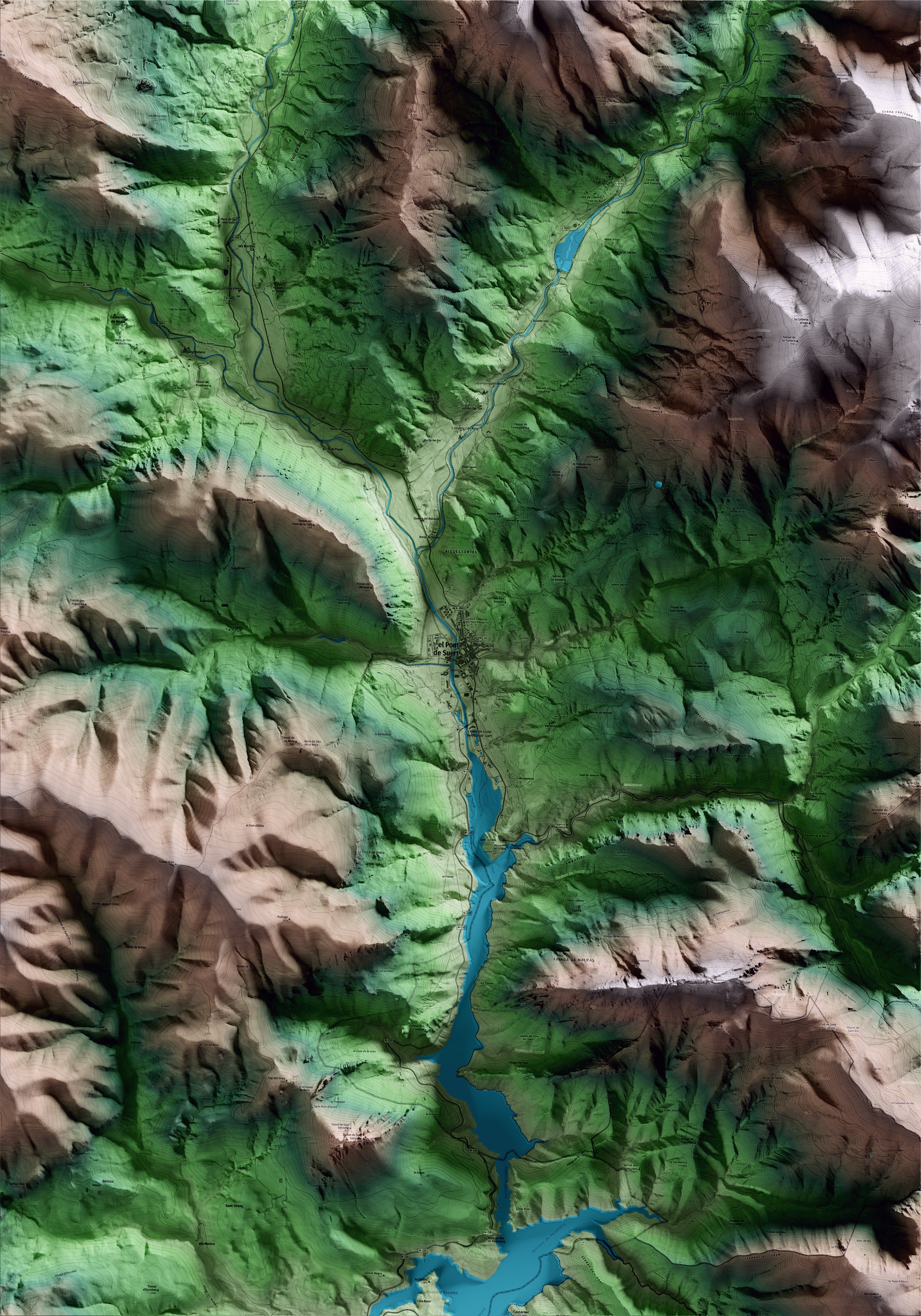 Mapa artístico del relieve del Pont de Suert, al Alta Ribagorça, con 15 km de entorno y base topográfica ICGC