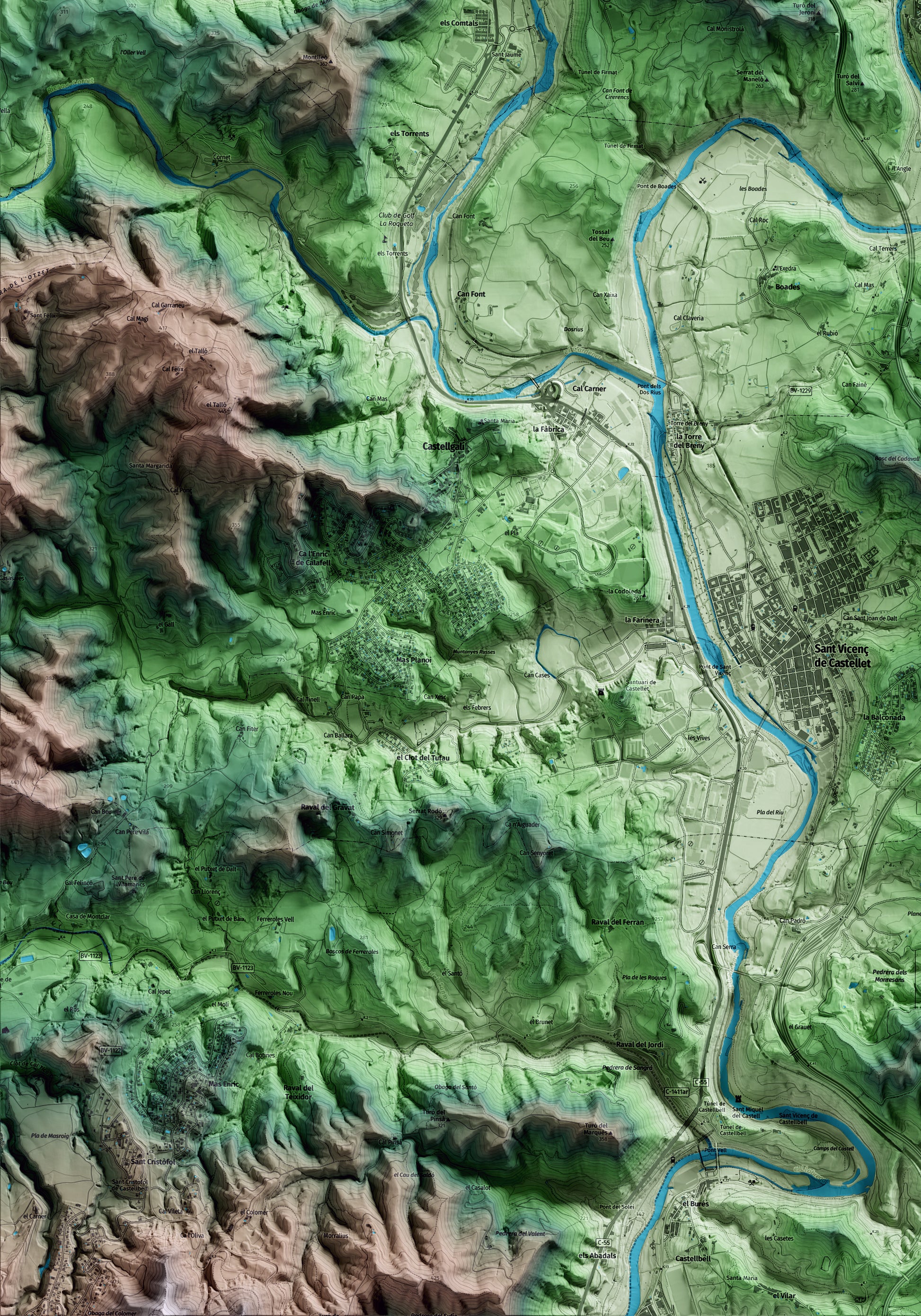 Mapa artístico del relieve del Pont de Vilomara y Rocafort, al Bages, con 15 km de entorno y base topográfica ICGC. Detalle de la zona inferior izquierda.
