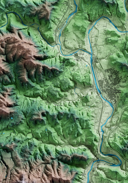 Mapa artístico del relieve del Pont de Vilomara y Rocafort, al Bages, con 15 km de entorno y base topográfica ICGC. Detalle de la zona inferior izquierda.