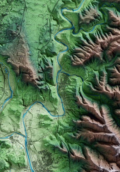 Mapa artístico del relieve del Pont de Vilomara y Rocafort, al Bages, con 15 km de entorno y base topográfica ICGC. Detalle de la zona central.