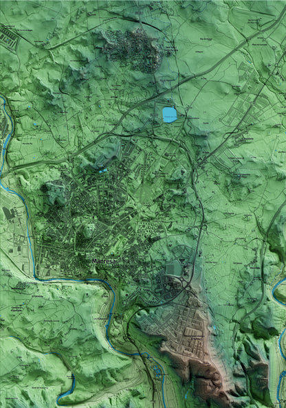 Mapa artístico del relieve del Pont de Vilomara y Rocafort, al Bages, con 15 km de entorno y base topográfica ICGC. Detalle de la zona superior izquierda.