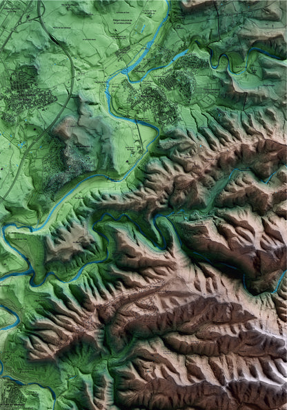 Mapa artístico del relieve del Pont de Vilomara y Rocafort, al Bages, con 15 km de entorno y base topográfica ICGC. Detalle de la zona superior derecha.