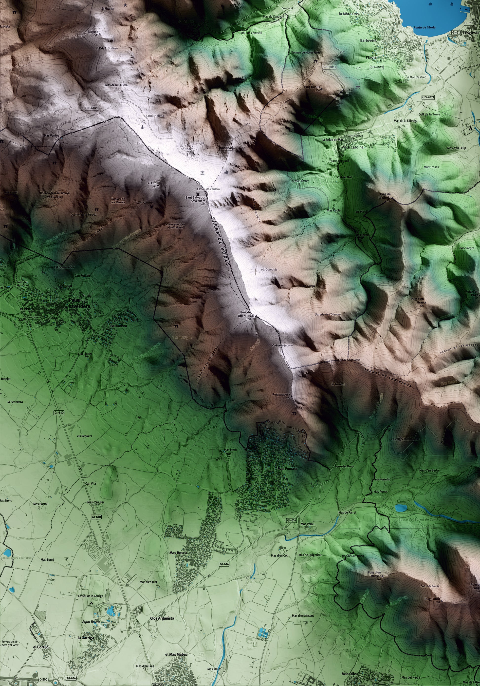 Mapa artístico del relieve del Port de la Selva, al Alt Empordà, con 15 km de entorno y base topográfica ICGC. Detalle de la zona inferior izquierda.