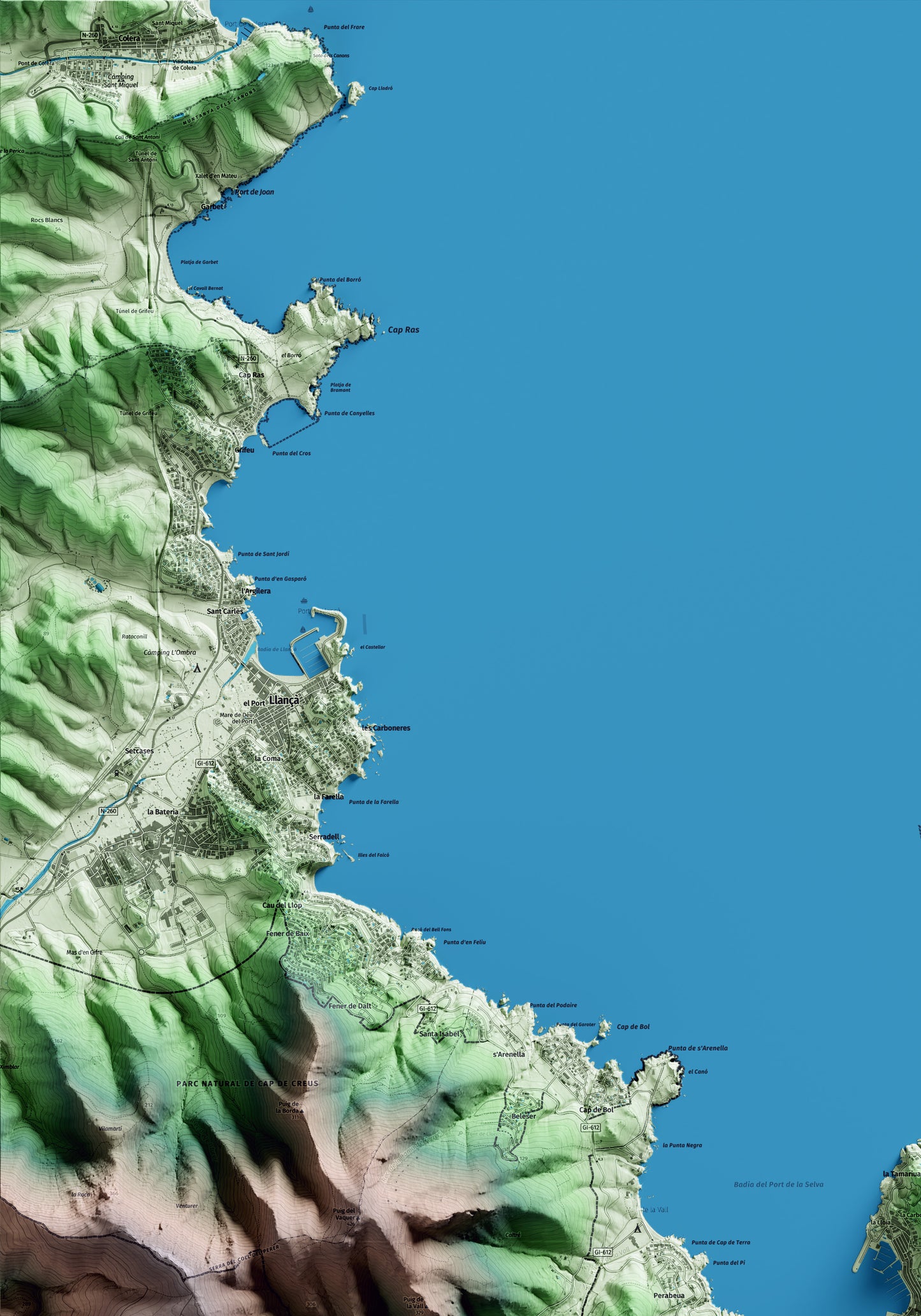 Mapa artístico del relieve del Port de la Selva, al Alt Empordà, con 15 km de entorno y base topográfica ICGC. Detalle de la zona superior izquierda.