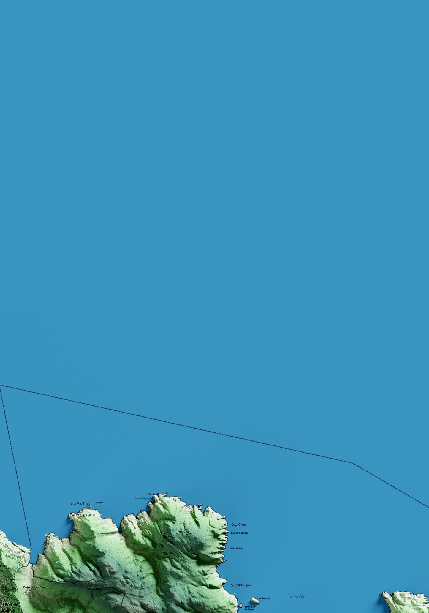 Mapa artístico del relieve del Port de la Selva, al Alt Empordà, con 15 km de entorno y base topográfica ICGC. Detalle de la zona superior derecha.