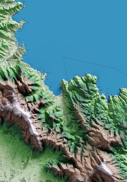Mapa artístico del relieve del Port de la Selva, al Alt Empordà, con 15 km de entorno y base topográfica ICGC