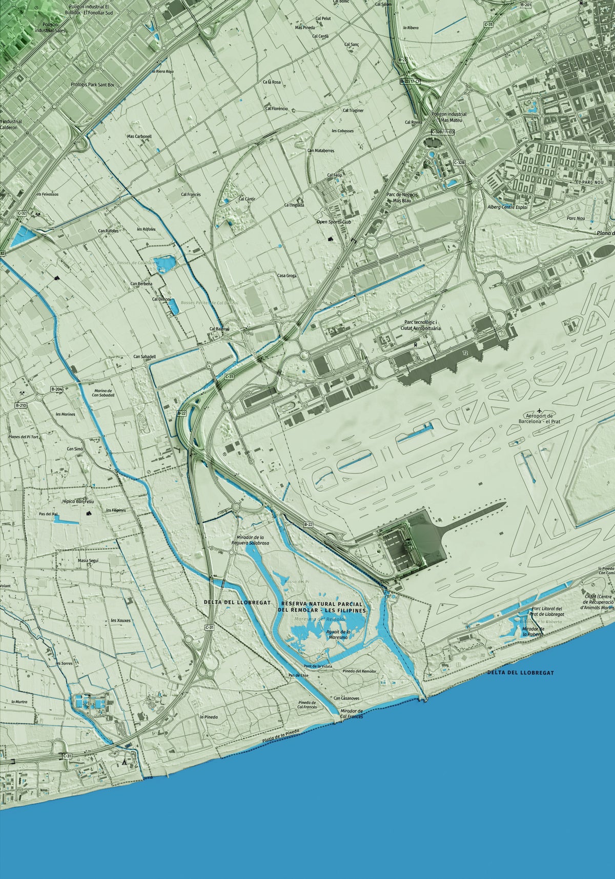 Mapa artístico del relieve del Prat de Llobregat, al Baix Llobregat, con 15 km de entorno y base topográfica ICGC. Detalle de la zona inferior izquierda.