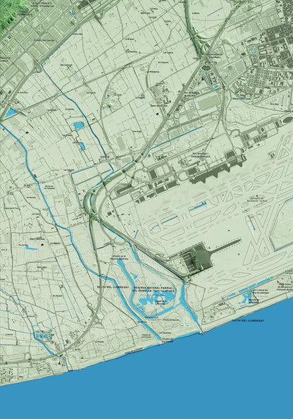 Mapa artístico del relieve del Prat de Llobregat, al Baix Llobregat, con 15 km de entorno y base topográfica ICGC. Detalle de la zona inferior izquierda.