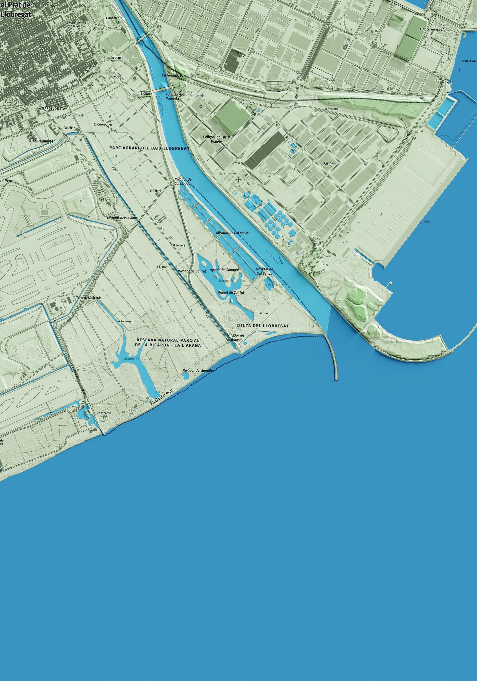 Mapa artístico del relieve del Prat de Llobregat, al Baix Llobregat, con 15 km de entorno y base topográfica ICGC. Detalle de la zona inferior derecha.