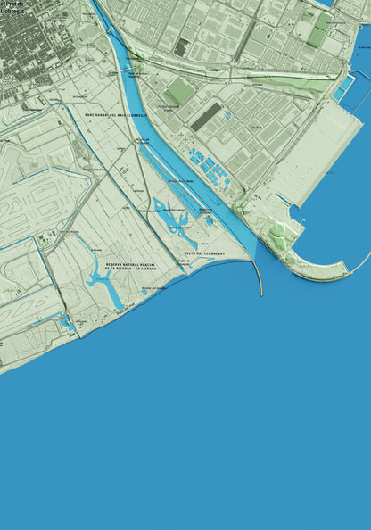 Mapa artístico del relieve del Prat de Llobregat, al Baix Llobregat, con 15 km de entorno y base topográfica ICGC. Detalle de la zona inferior derecha.
