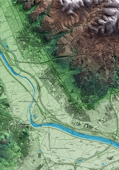 Mapa artístico del relieve del Prat de Llobregat, al Baix Llobregat, con 15 km de entorno y base topográfica ICGC. Detalle de la zona superior izquierda.