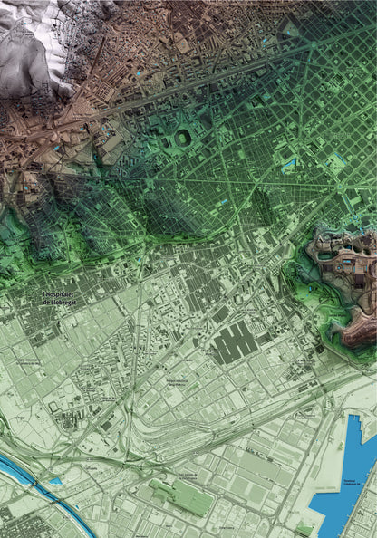 Mapa artístico del relieve del Prat de Llobregat, al Baix Llobregat, con 15 km de entorno y base topográfica ICGC. Detalle de la zona superior derecha.