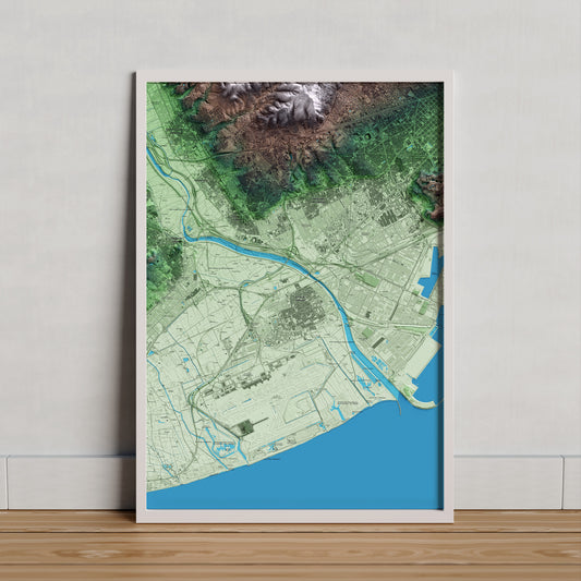 Mapa artístico del relieve del Prat de Llobregat, al Baix Llobregat, con 15 km de entorno y base topográfica ICGC. Presentación enmarcada.