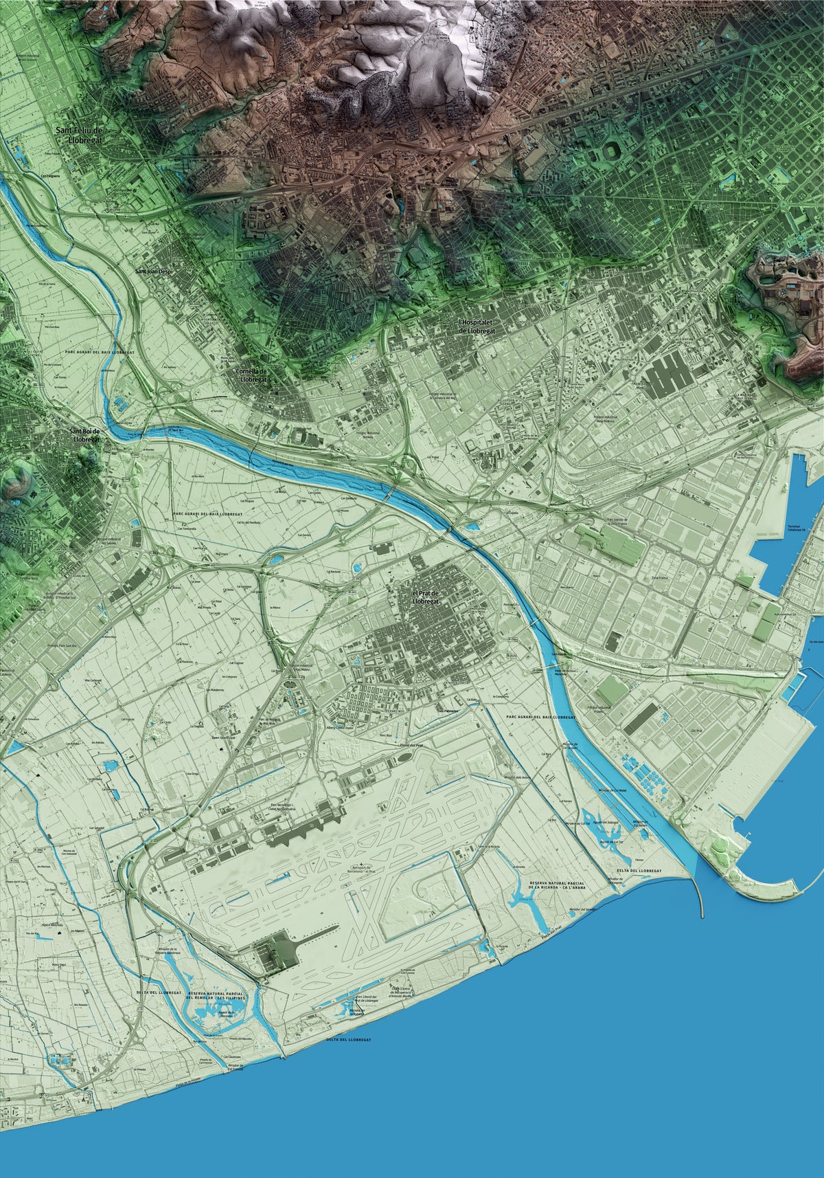 Mapa artístico del relieve del Prat de Llobregat, al Baix Llobregat, con 15 km de entorno y base topográfica ICGC