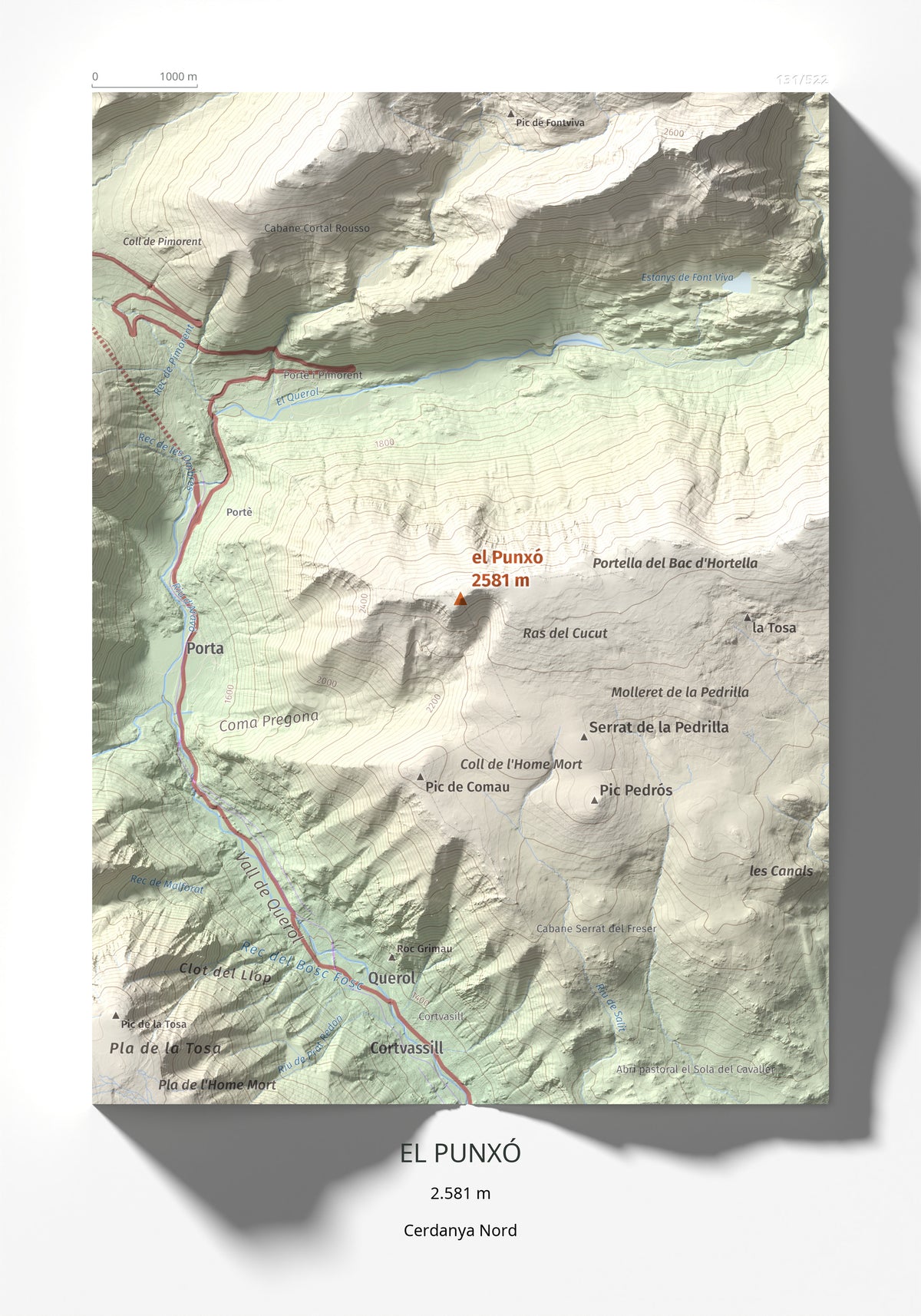 Mapa de relieve del Punxó, 2581 m, Cerdanya Nord, lámina 100 Cims de Trobart 21 × 30 cm.
