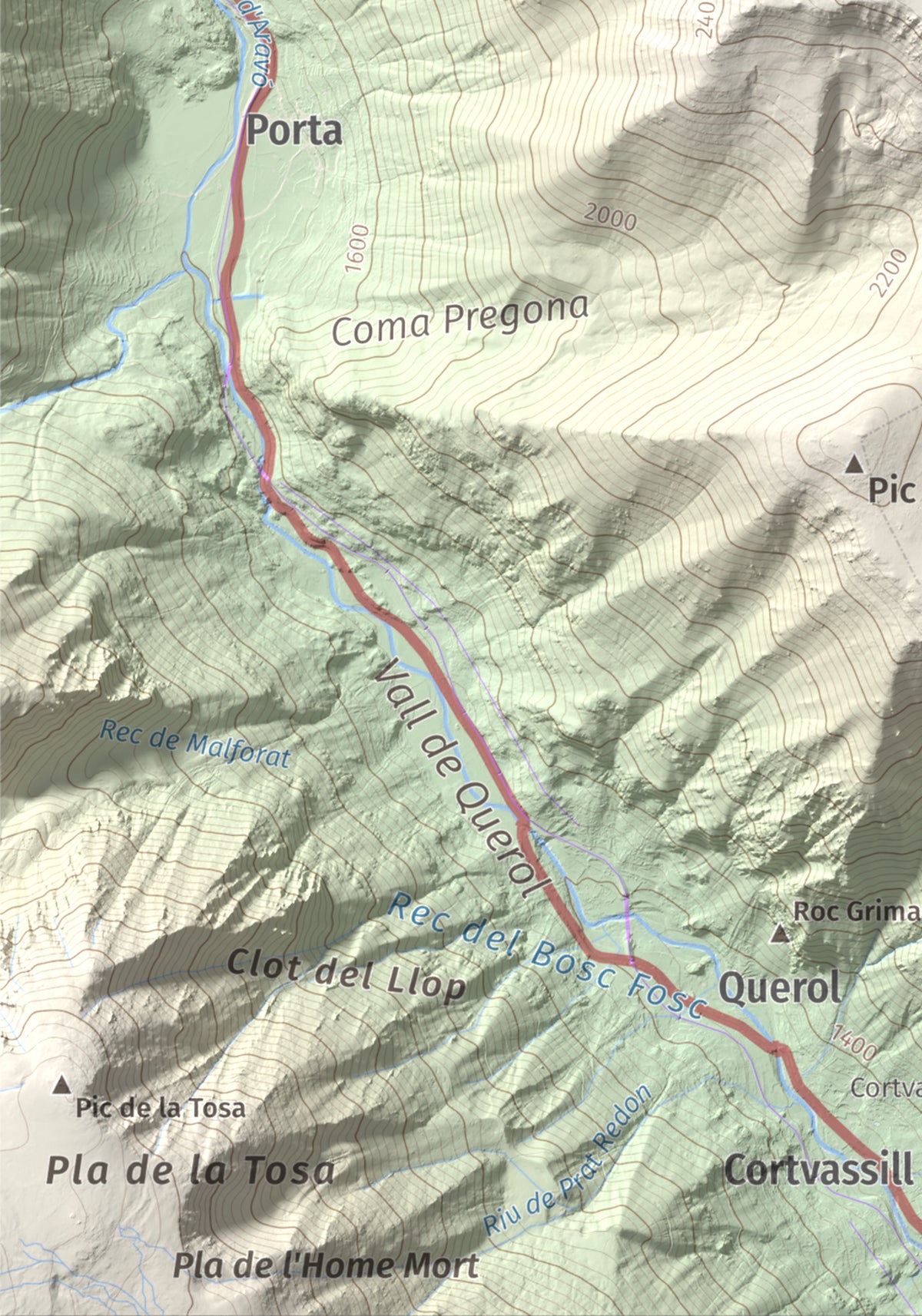 Mapa de relieve del Punxó, 2581 m, Cerdanya Nord, lámina 100 Cims de Trobart. Detalle de la zona inferior izquierda. 21 × 30 cm.