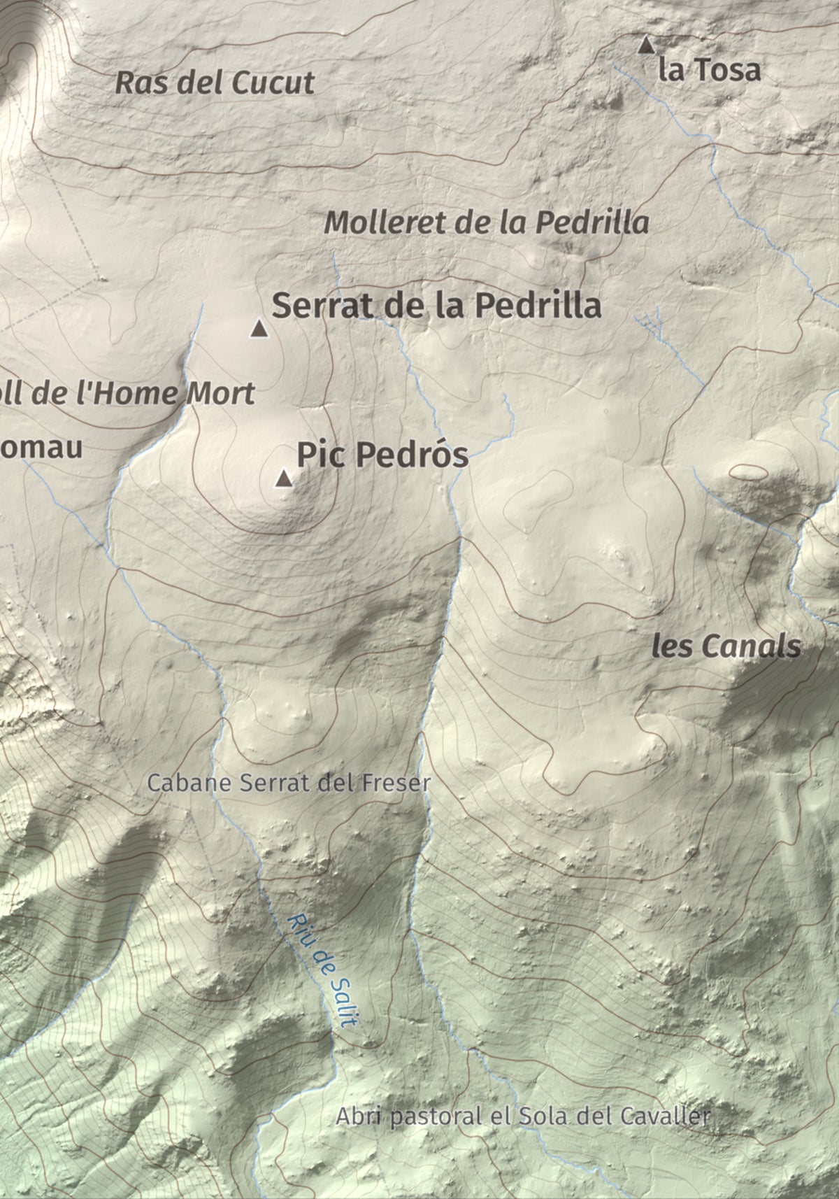 Mapa de relieve del Punxó, 2581 m, Cerdanya Nord, lámina 100 Cims de Trobart. Detalle de la zona inferior derecha. 21 × 30 cm.