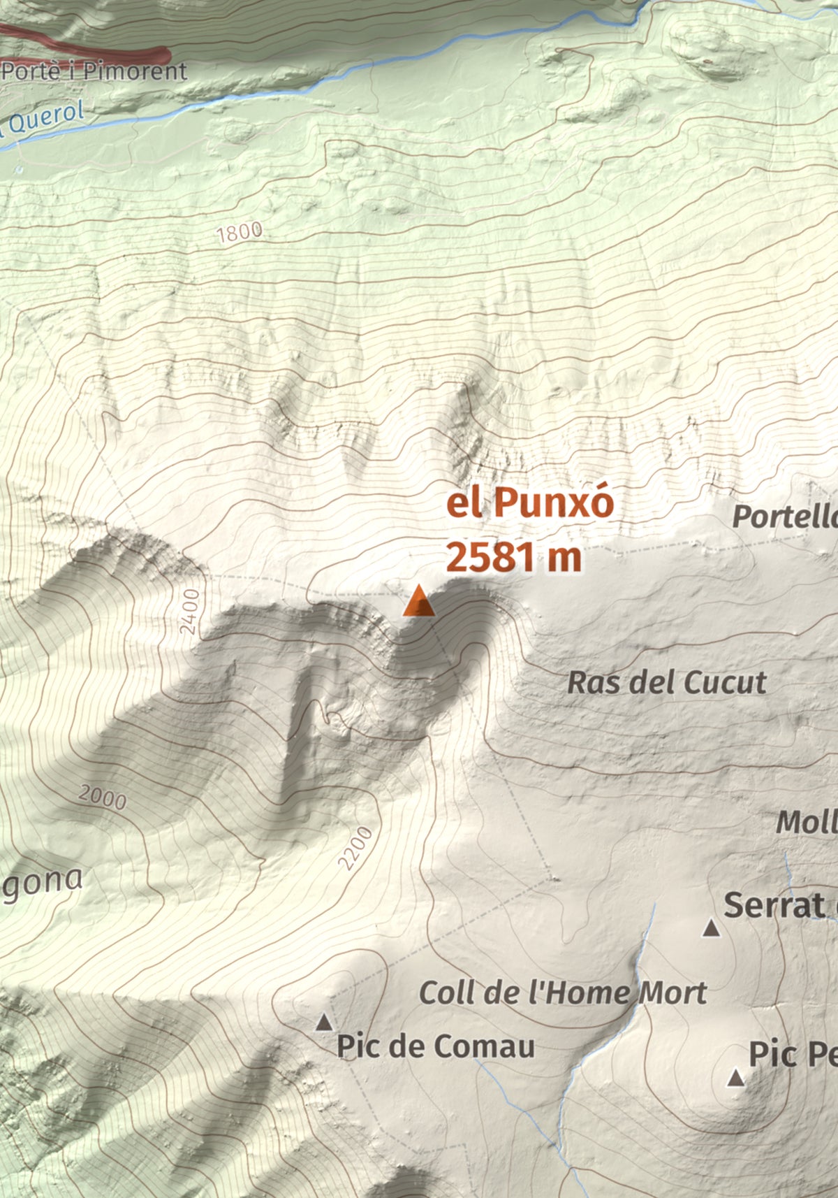 Mapa de relieve del Punxó, 2581 m, Cerdanya Nord, lámina 100 Cims de Trobart. Detalle de la zona central. 21 × 30 cm.