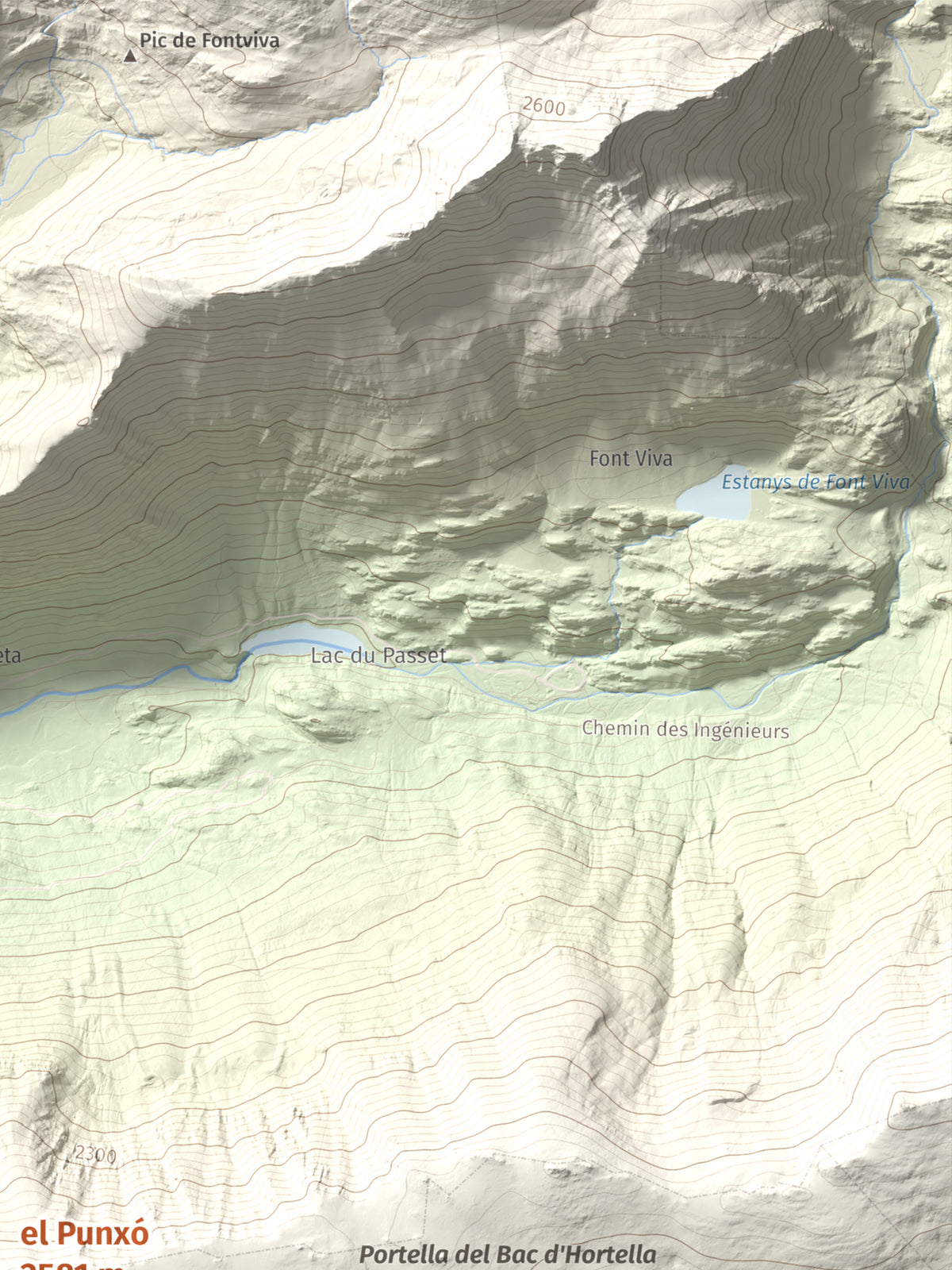 Mapa de relieve del Punxó, 2581 m, Cerdanya Nord, lámina 100 Cims de Trobart. Detalle de la zona superior derecha. 30 × 40 cm.