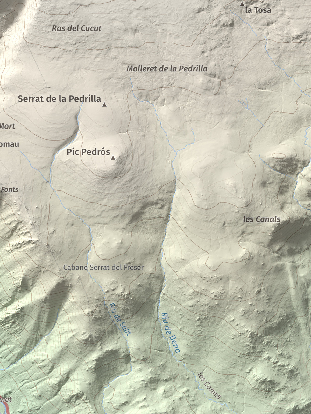 Mapa de relieve del Punxó, 2581 m, Cerdanya Nord, lámina 100 Cims de Trobart. Detalle de la zona inferior derecha. 30 × 40 cm.