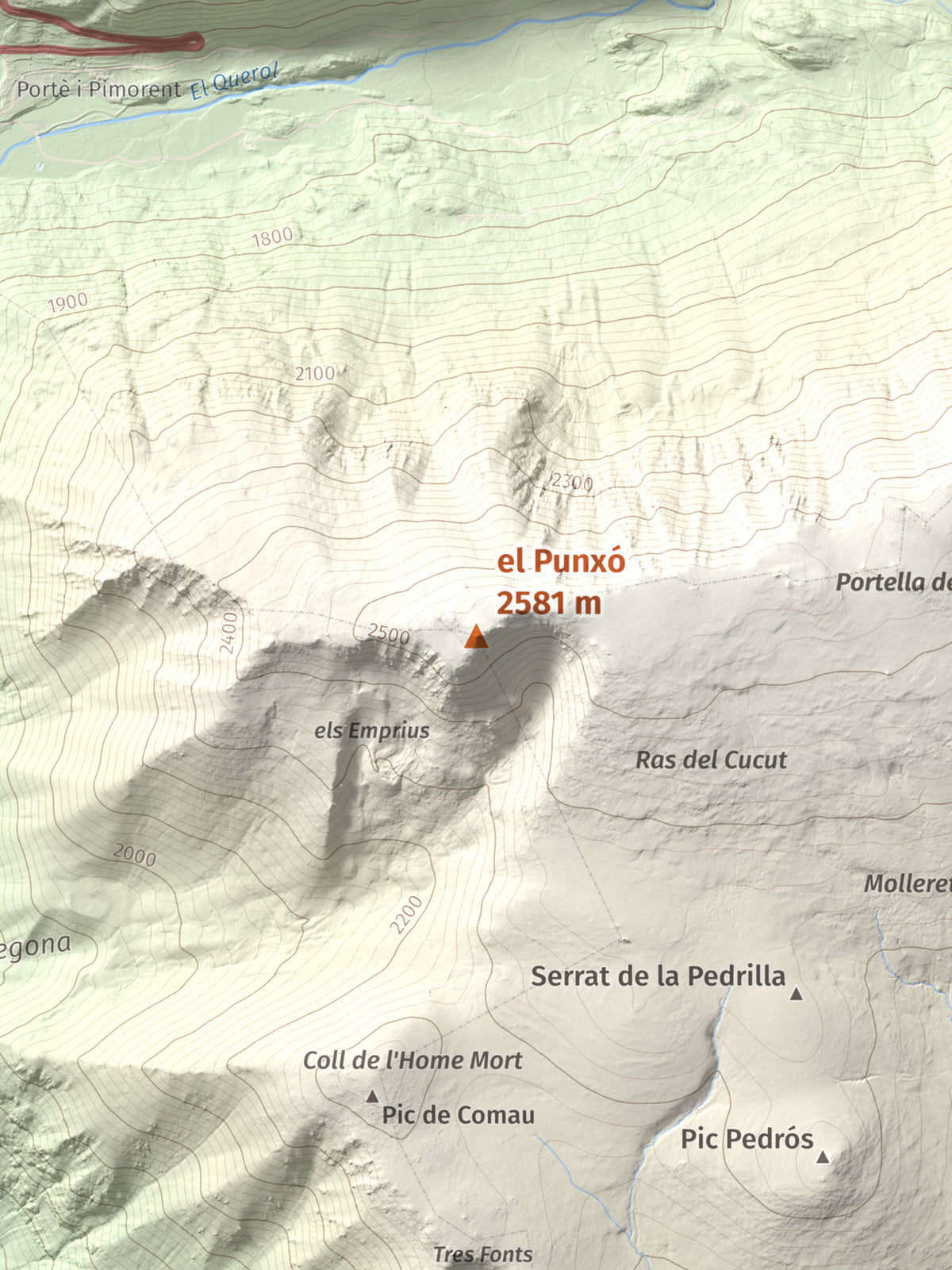 Mapa de relieve del Punxó, 2581 m, Cerdanya Nord, lámina 100 Cims de Trobart. Detalle de la zona central. 30 × 40 cm.