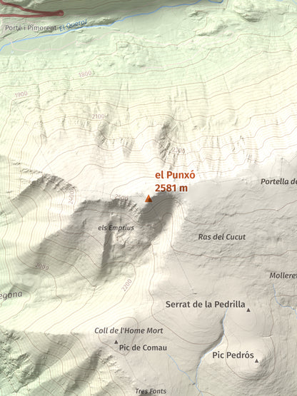 Mapa de relieve del Punxó, 2581 m, Cerdanya Nord, lámina 100 Cims de Trobart. Detalle de la zona central. 30 × 40 cm.