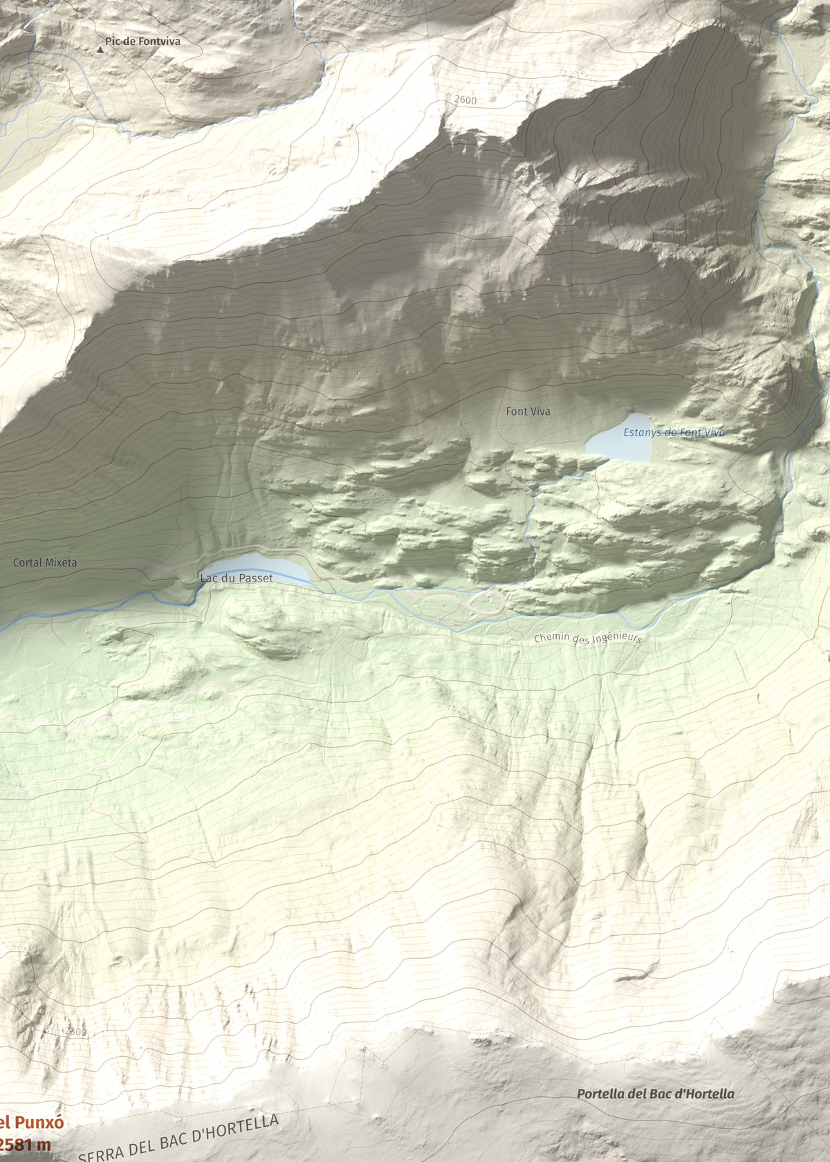 Mapa de relieve del Punxó, 2581 m, Cerdanya Nord, lámina 100 Cims de Trobart. Detalle de la zona superior derecha. 50 × 70 cm.
