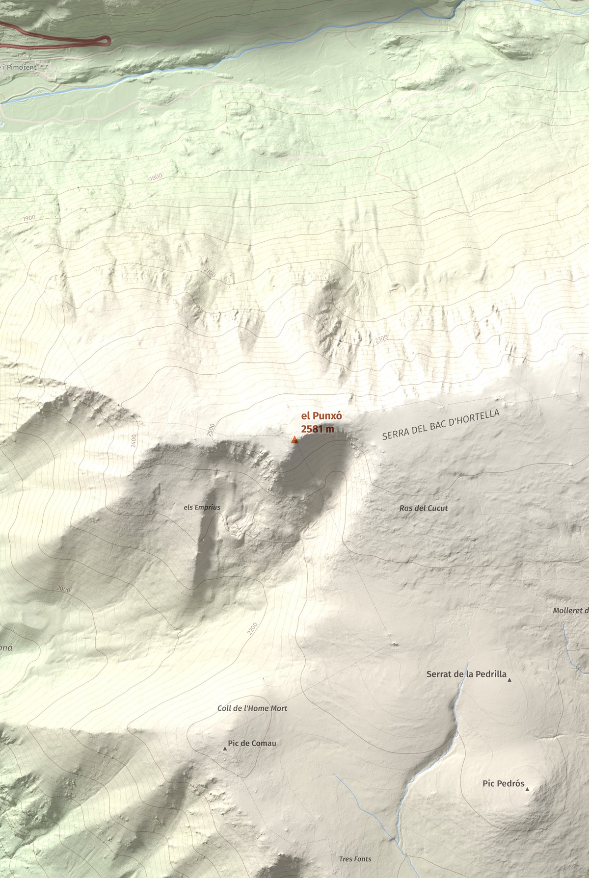 Mapa de relieve del Punxó, 2581 m, Cerdanya Nord, lámina 100 Cims de Trobart. Detalle de la zona central. 61 × 91 cm.