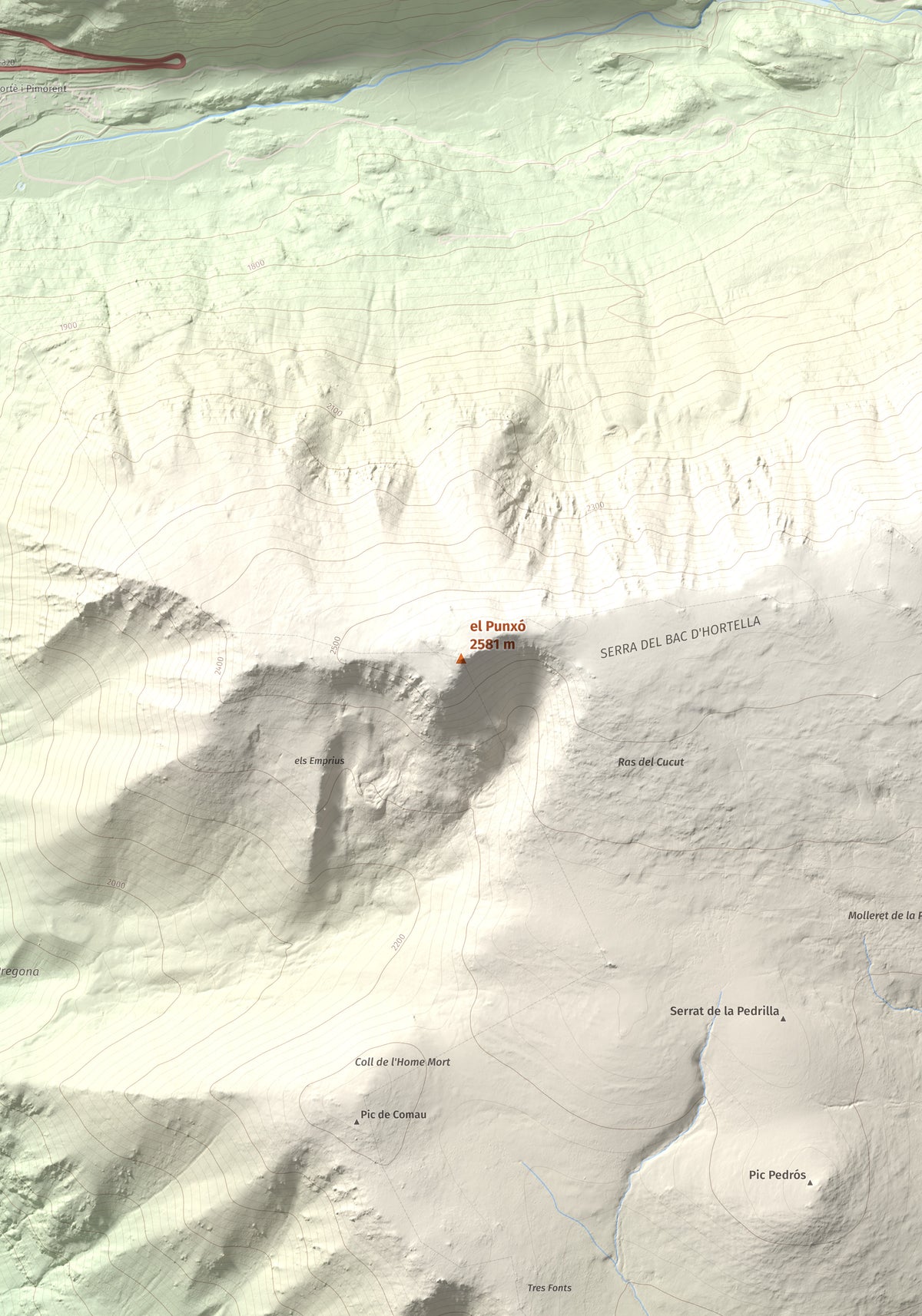 Mapa de relieve del Punxó, 2581 m, Cerdanya Nord, lámina 100 Cims de Trobart. Detalle de la zona central. 70 × 100 cm.