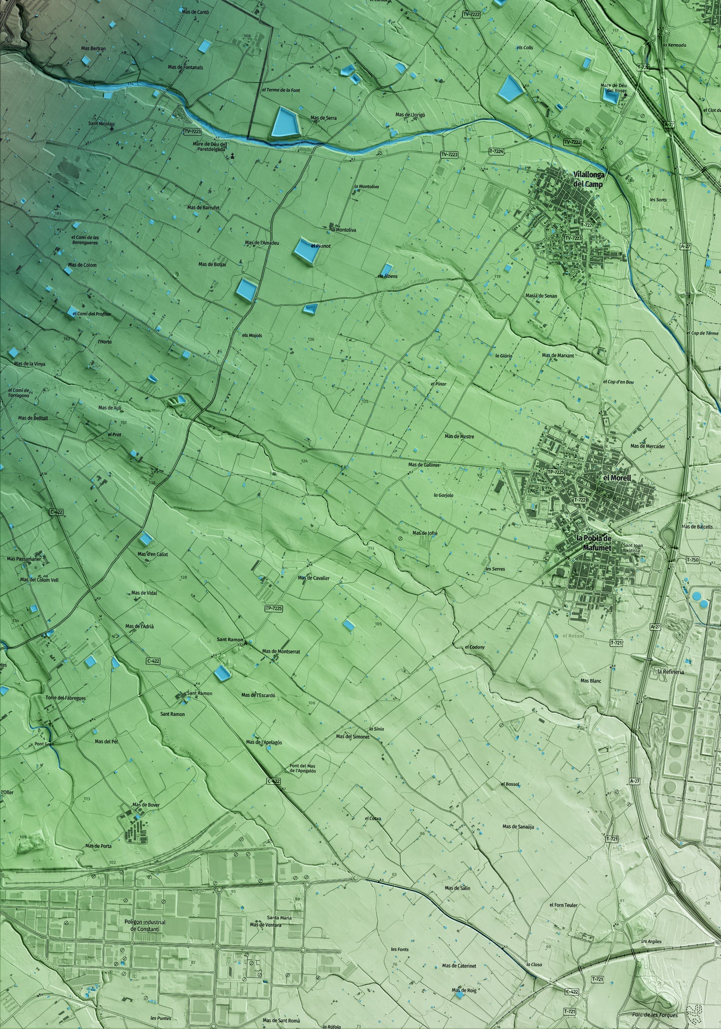 Mapa artístico del relieve del Rourell, al Alt Camp, con 15 km de entorno y base topográfica ICGC. Detalle de la zona inferior izquierda.