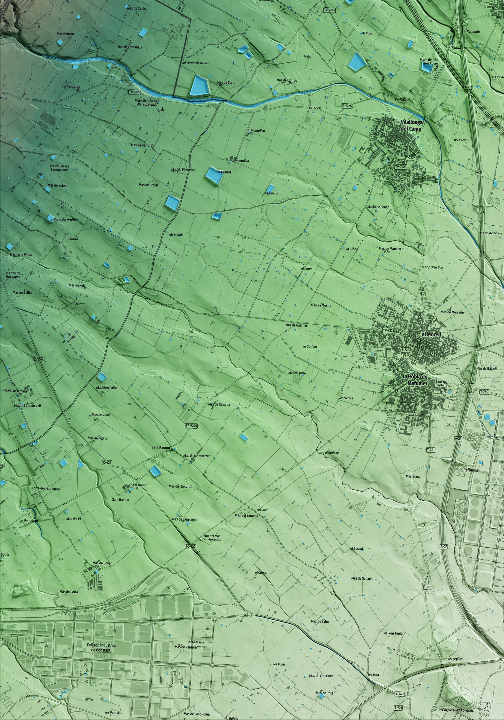 Mapa artístico del relieve del Rourell, al Alt Camp, con 15 km de entorno y base topográfica ICGC. Detalle de la zona inferior izquierda.