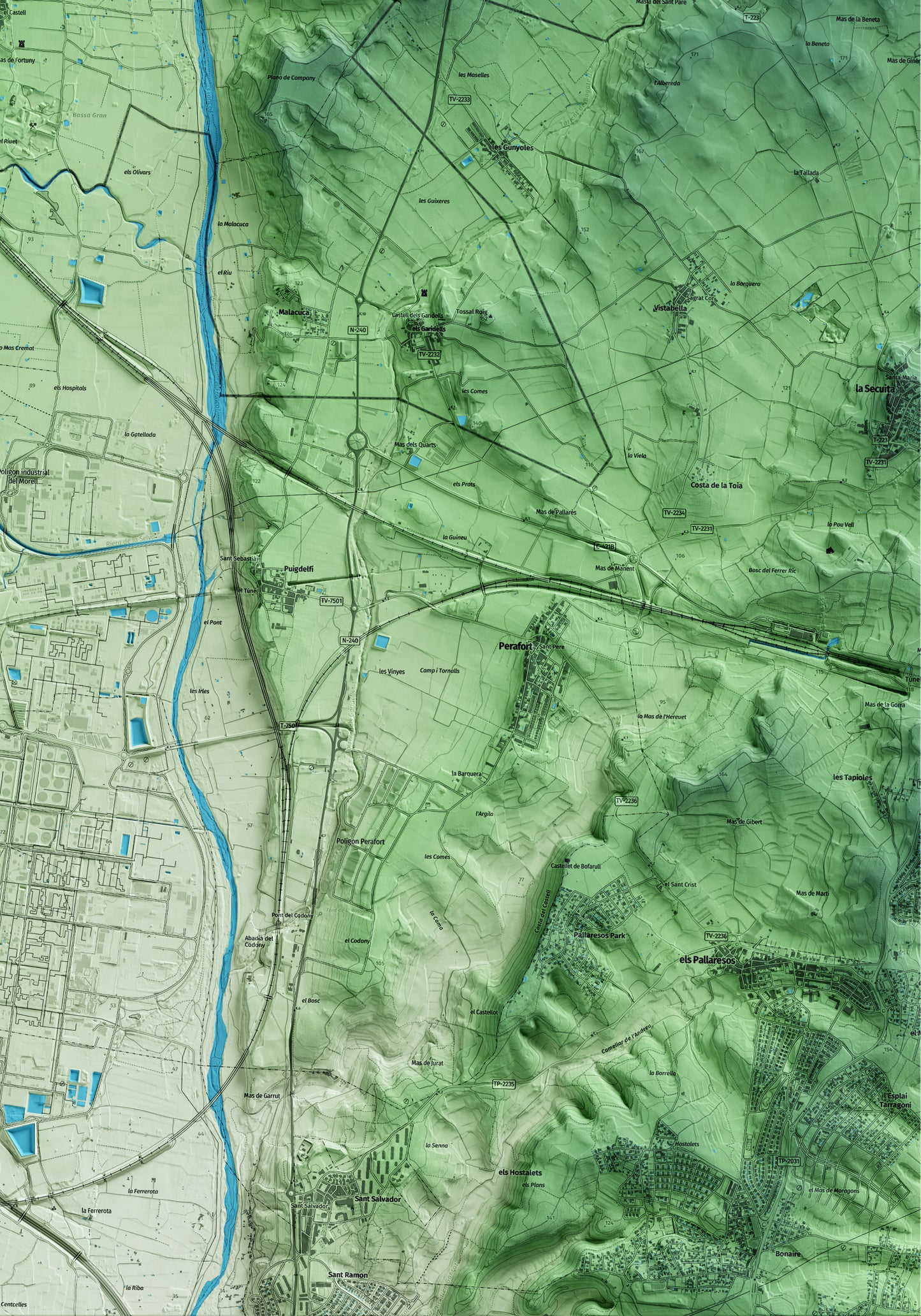 Mapa artístico del relieve del Rourell, al Alt Camp, con 15 km de entorno y base topográfica ICGC. Detalle de la zona inferior derecha.