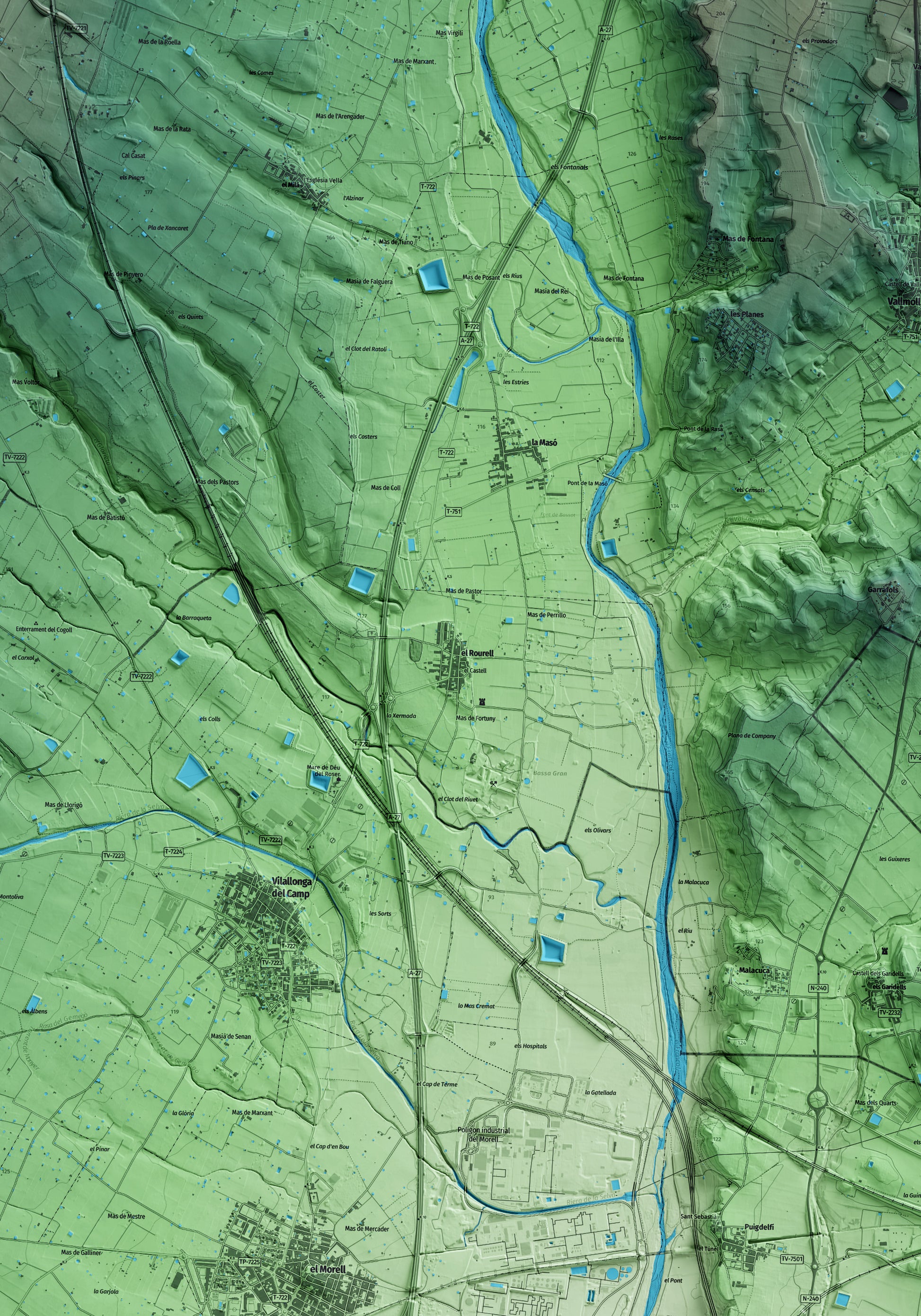 Mapa artístico del relieve del Rourell, al Alt Camp, con 15 km de entorno y base topográfica ICGC. Detalle de la zona central.