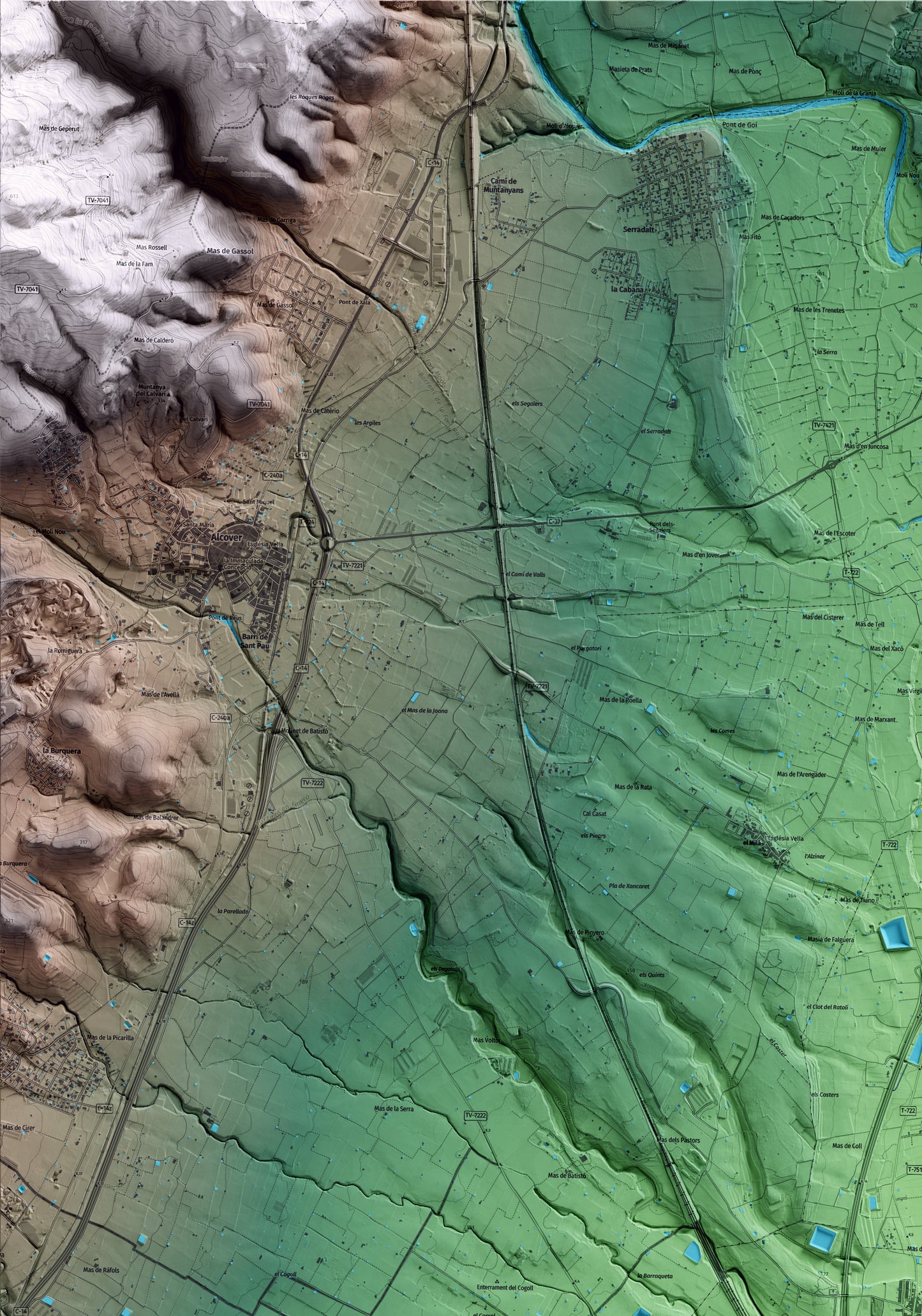Mapa artístico del relieve del Rourell, al Alt Camp, con 15 km de entorno y base topográfica ICGC. Detalle de la zona superior izquierda.