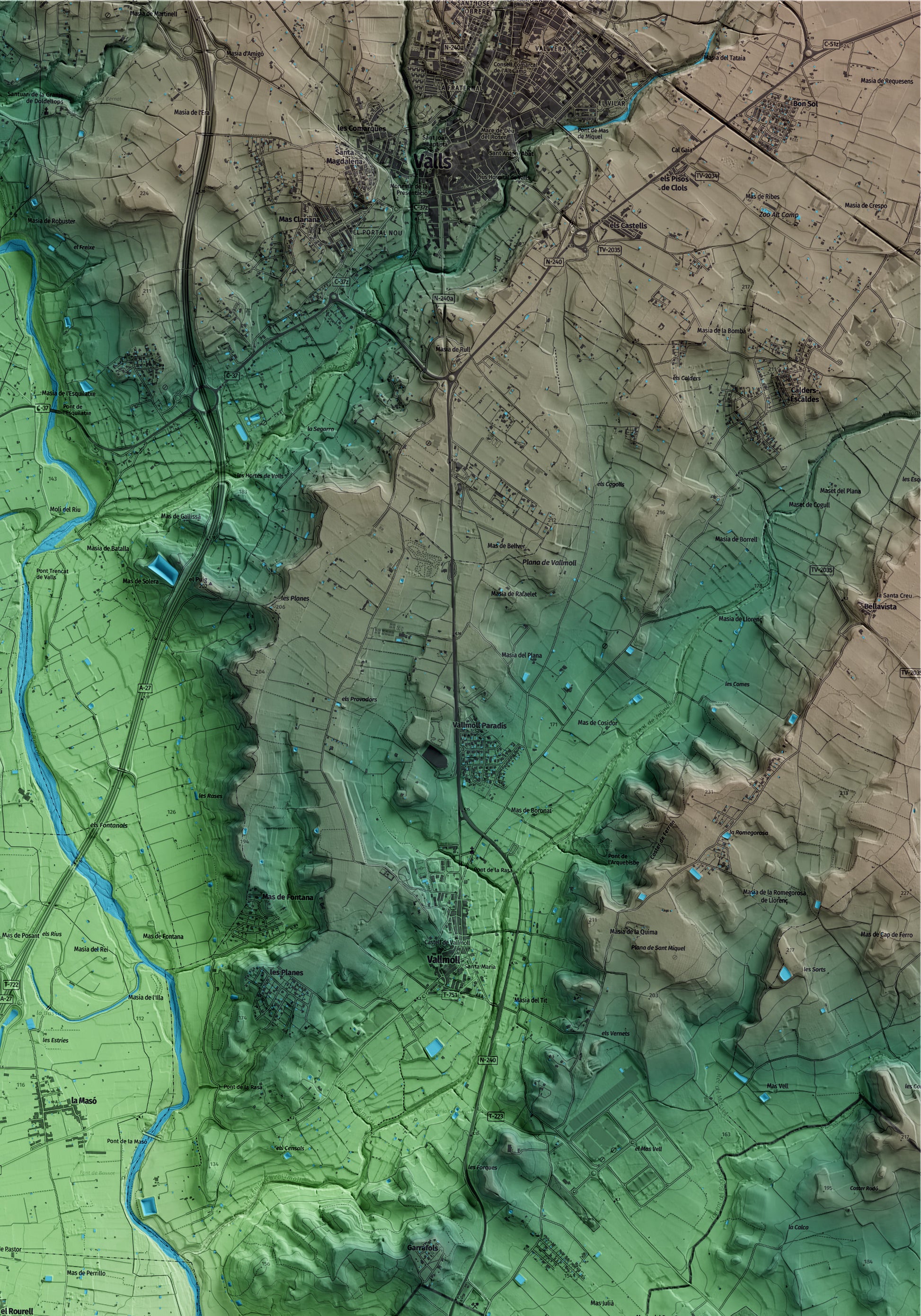 Mapa artístico del relieve del Rourell, al Alt Camp, con 15 km de entorno y base topográfica ICGC. Detalle de la zona superior derecha.