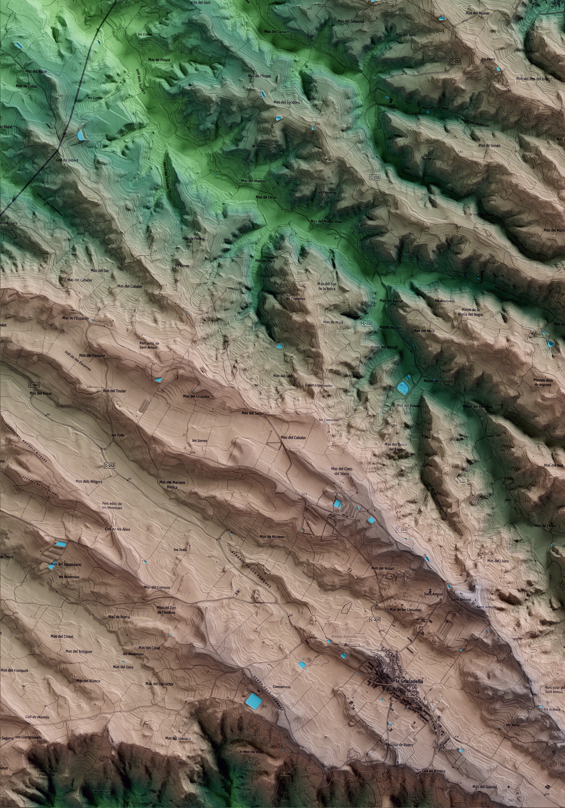 Mapa artístico del relieve del Soleràs, a las Garrigues, con 15 km de entorno y base topográfica ICGC. Detalle de la zona inferior izquierda.