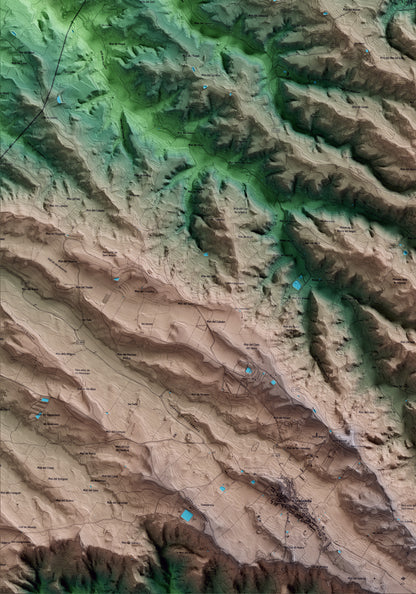 Mapa artístico del relieve del Soleràs, a las Garrigues, con 15 km de entorno y base topográfica ICGC. Detalle de la zona inferior izquierda.