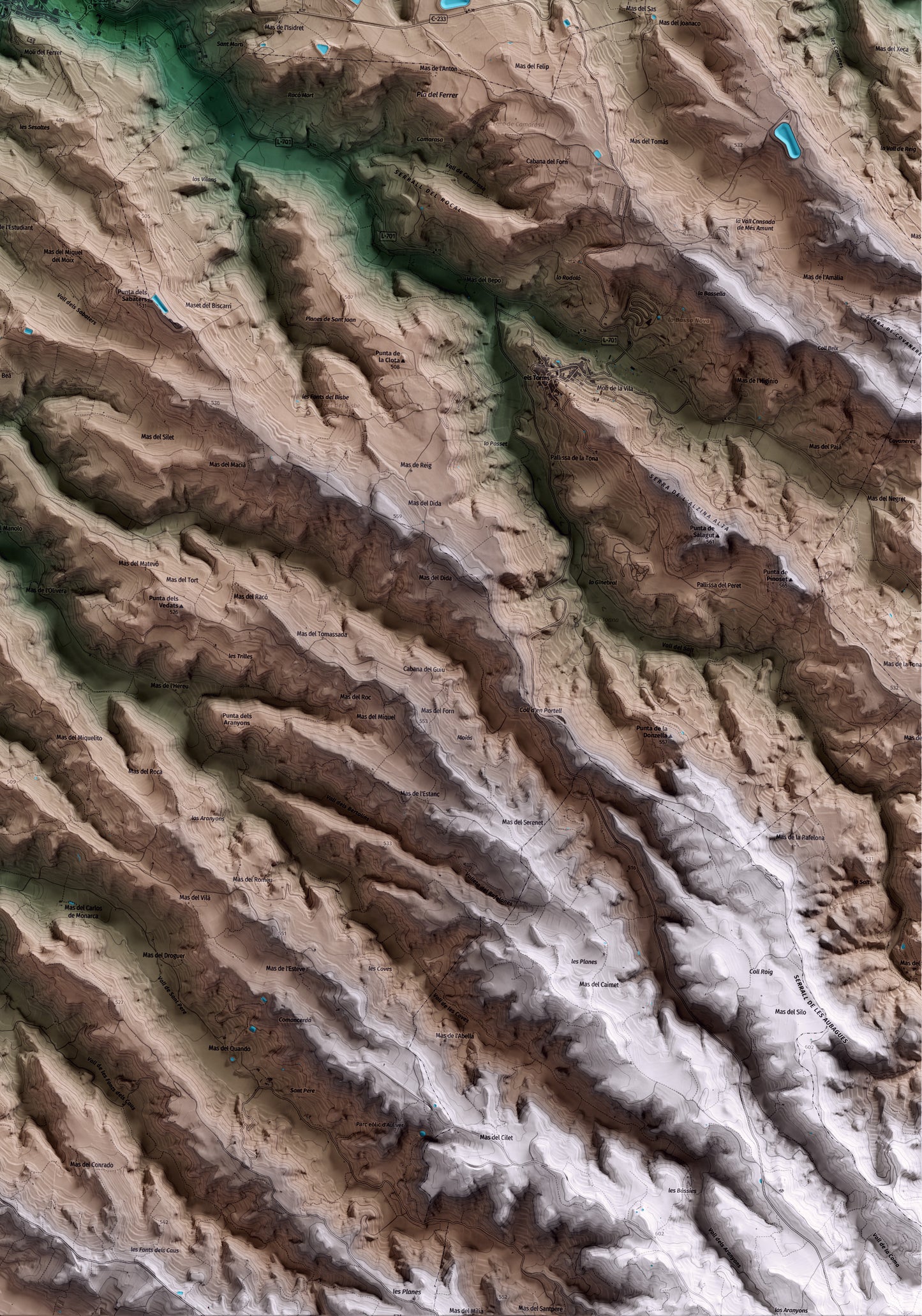 Mapa artístico del relieve del Soleràs, a las Garrigues, con 15 km de entorno y base topográfica ICGC. Detalle de la zona inferior derecha.