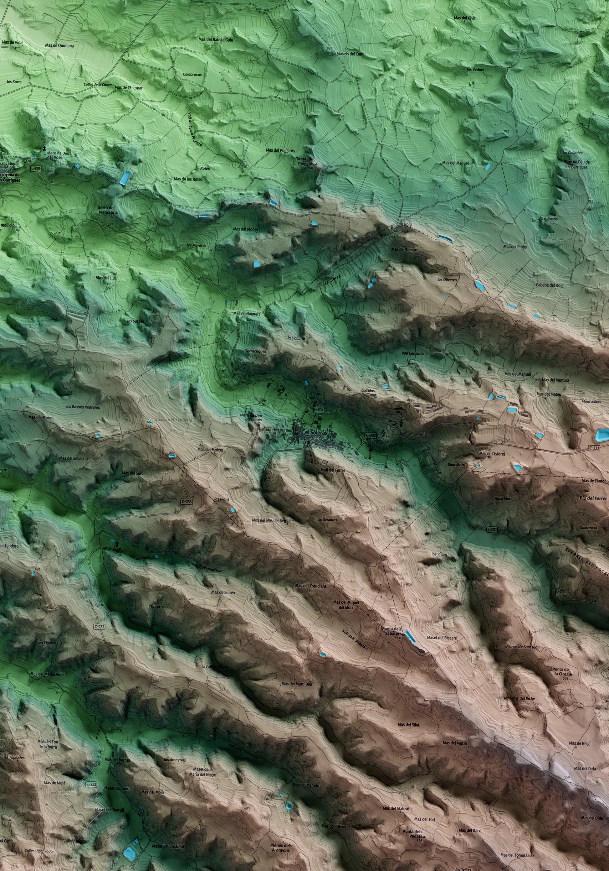 Mapa artístico del relieve del Soleràs, a las Garrigues, con 15 km de entorno y base topográfica ICGC. Detalle de la zona central.