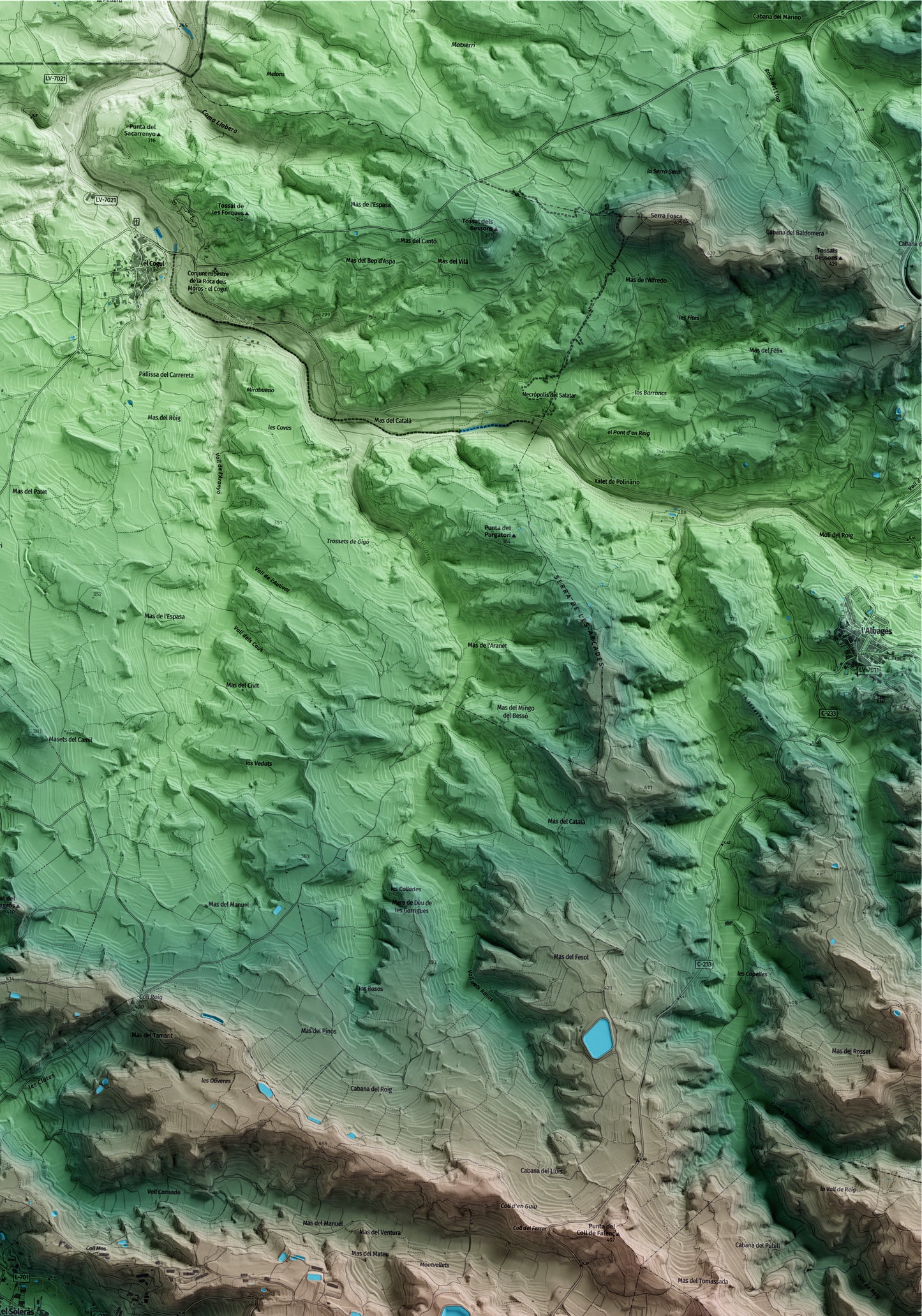 Mapa artístico del relieve del Soleràs, a las Garrigues, con 15 km de entorno y base topográfica ICGC. Detalle de la zona superior derecha.