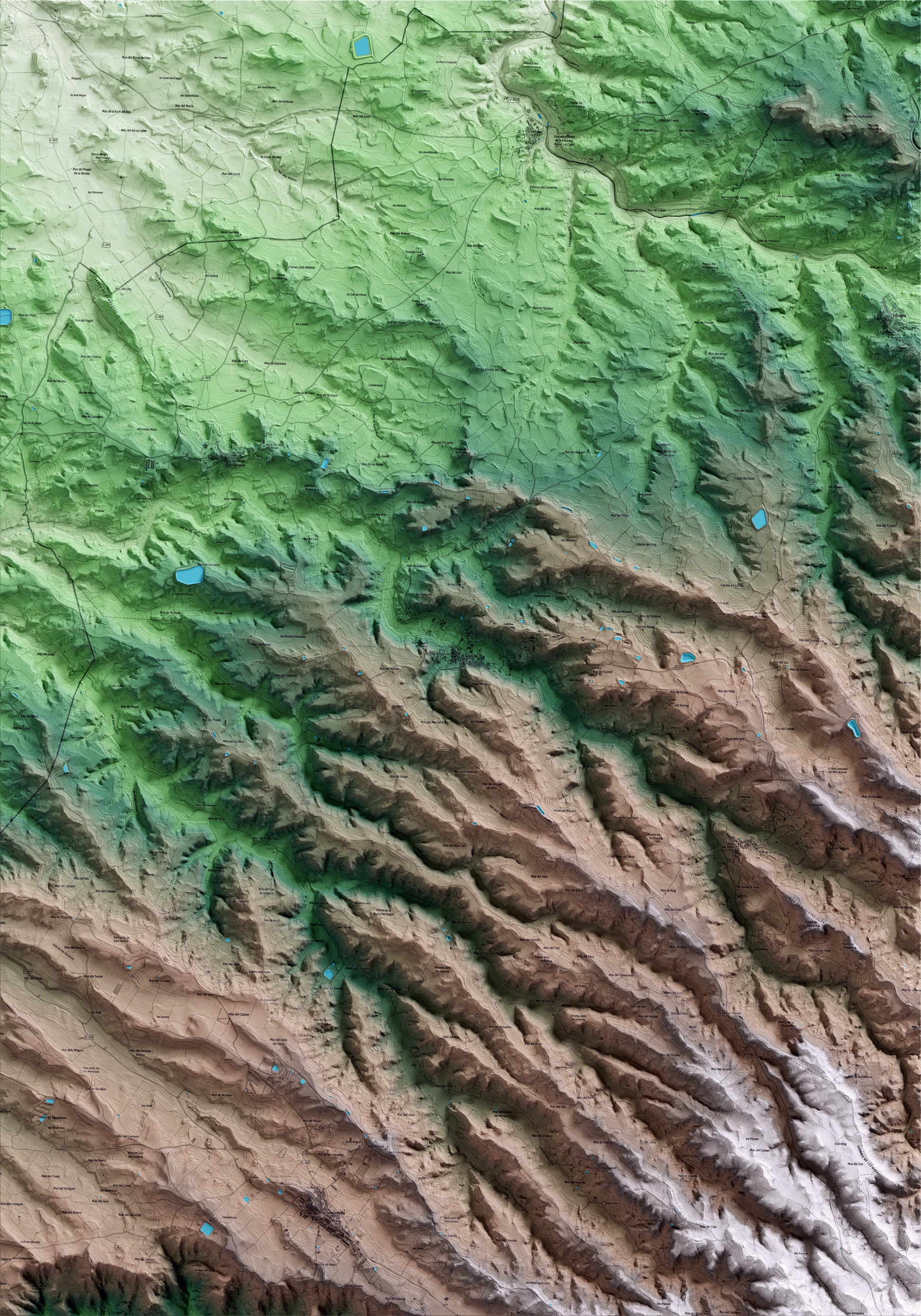 Mapa artístico del relieve del Soleràs, a las Garrigues, con 15 km de entorno y base topográfica ICGC
