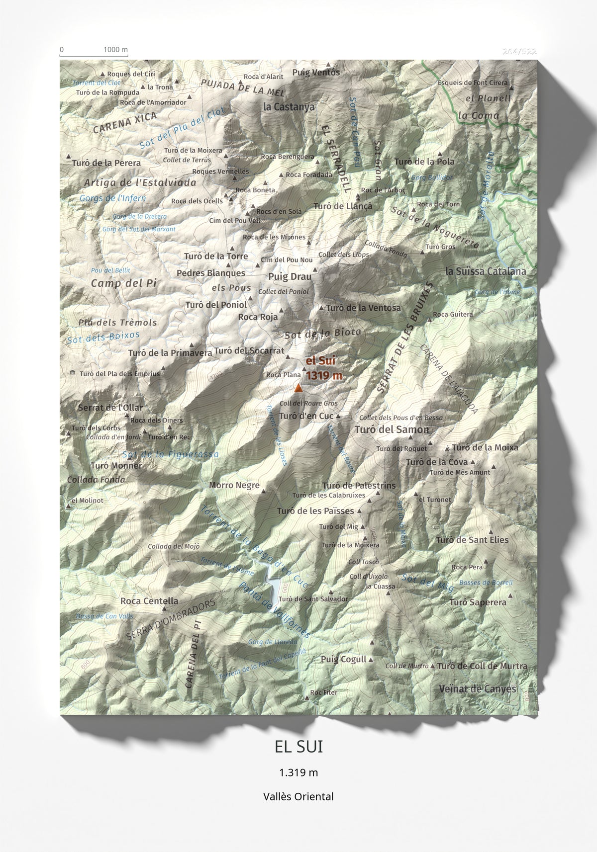 Mapa de relieve del Sui, 1319 m, Vallès Oriental, lámina 100 Cims de Trobart 21 × 30 cm.