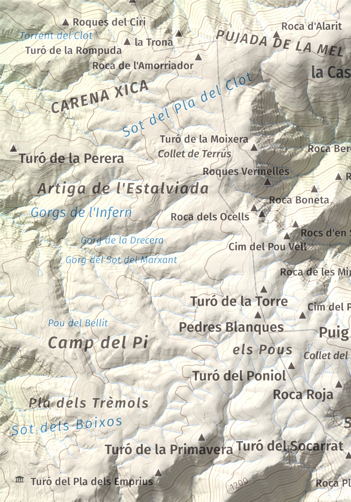 Mapa de relieve del Sui, 1319 m, Vallès Oriental, lámina 100 Cims de Trobart. Detalle de la zona superior izquierda. 21 × 30 cm.