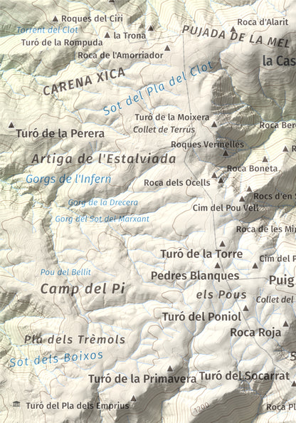 Mapa de relieve del Sui, 1319 m, Vallès Oriental, lámina 100 Cims de Trobart. Detalle de la zona superior izquierda. 21 × 30 cm.