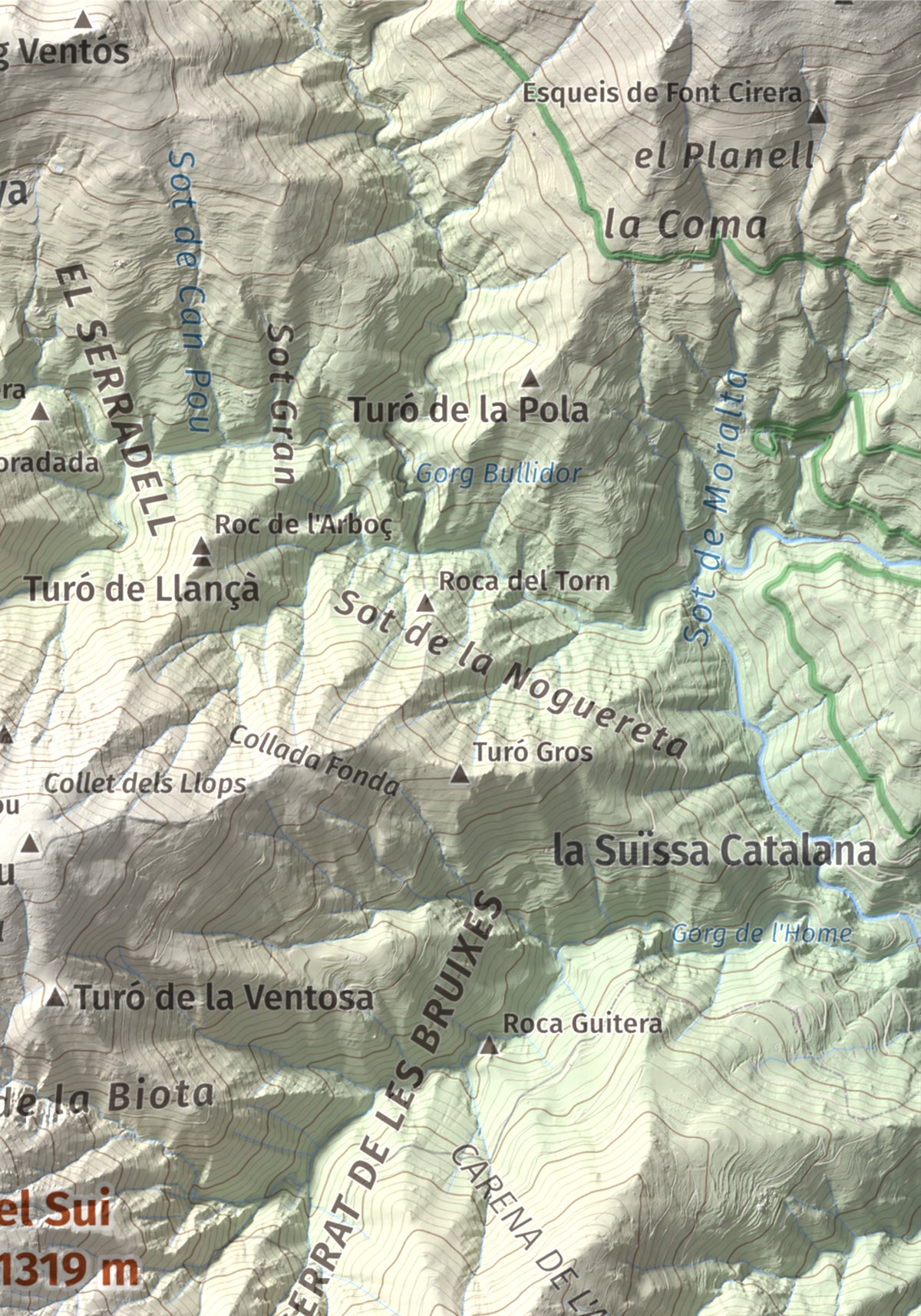 Mapa de relieve del Sui, 1319 m, Vallès Oriental, lámina 100 Cims de Trobart. Detalle de la zona superior derecha. 21 × 30 cm.