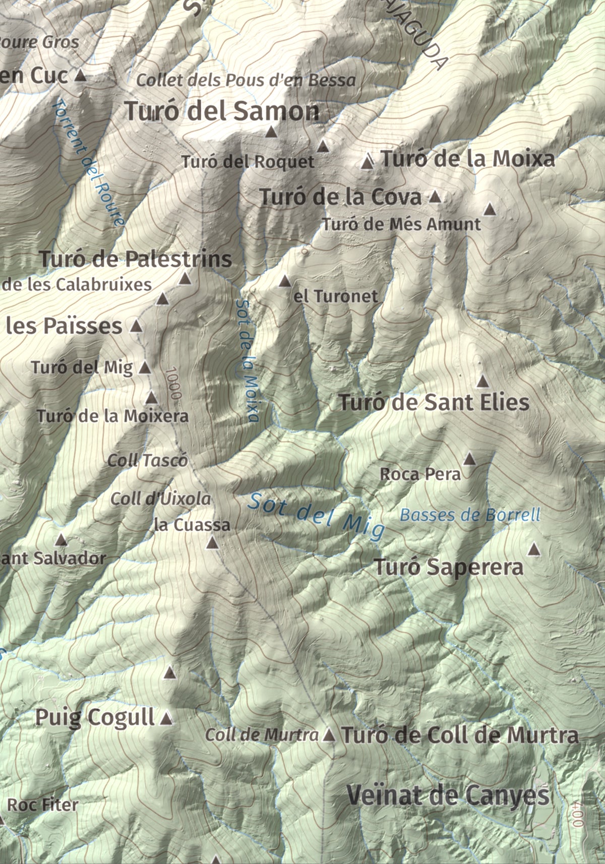 Mapa de relieve del Sui, 1319 m, Vallès Oriental, lámina 100 Cims de Trobart. Detalle de la zona inferior derecha. 21 × 30 cm.