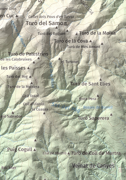 Mapa de relieve del Sui, 1319 m, Vallès Oriental, lámina 100 Cims de Trobart. Detalle de la zona inferior derecha. 21 × 30 cm.