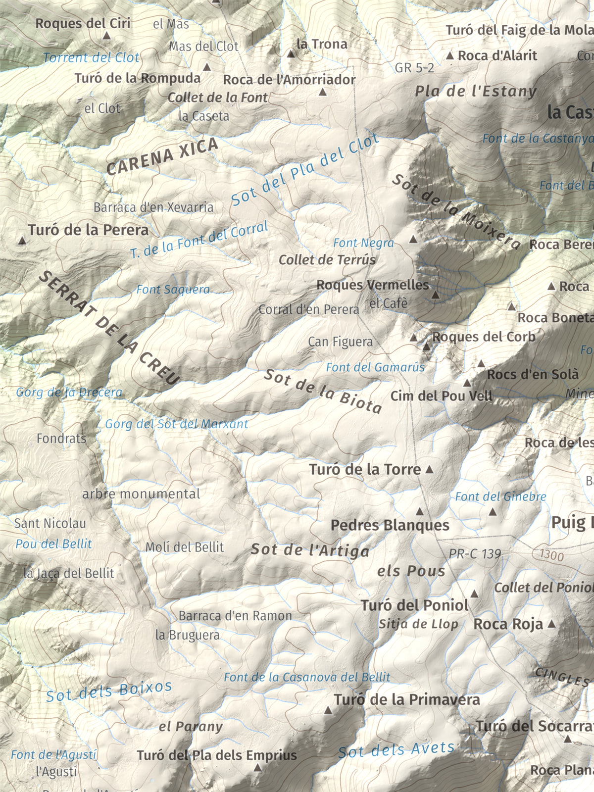 Mapa de relieve del Sui, 1319 m, Vallès Oriental, lámina 100 Cims de Trobart. Detalle de la zona superior izquierda. 30 × 40 cm.