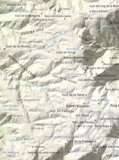 Mapa de relieve del Sui, 1319 m, Vallès Oriental, lámina 100 Cims de Trobart. Detalle de la zona superior izquierda. 30 × 40 cm.