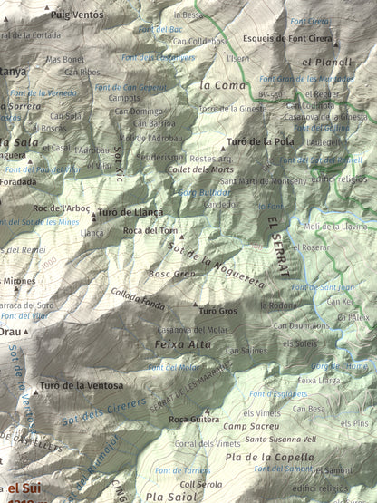 Mapa de relieve del Sui, 1319 m, Vallès Oriental, lámina 100 Cims de Trobart. Detalle de la zona superior derecha. 30 × 40 cm.